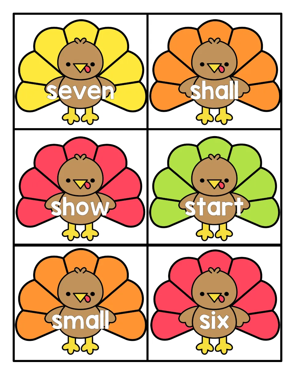 Turkey cards printed with seven, shall, show, start, small and six for students to practise automatic word reading