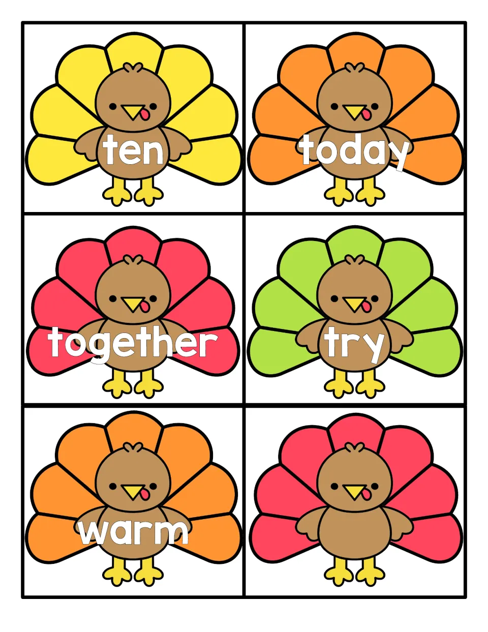 Final turkey flashcards: ten, today, together, try and warm, plus one blank turkey card for adding a word of choice