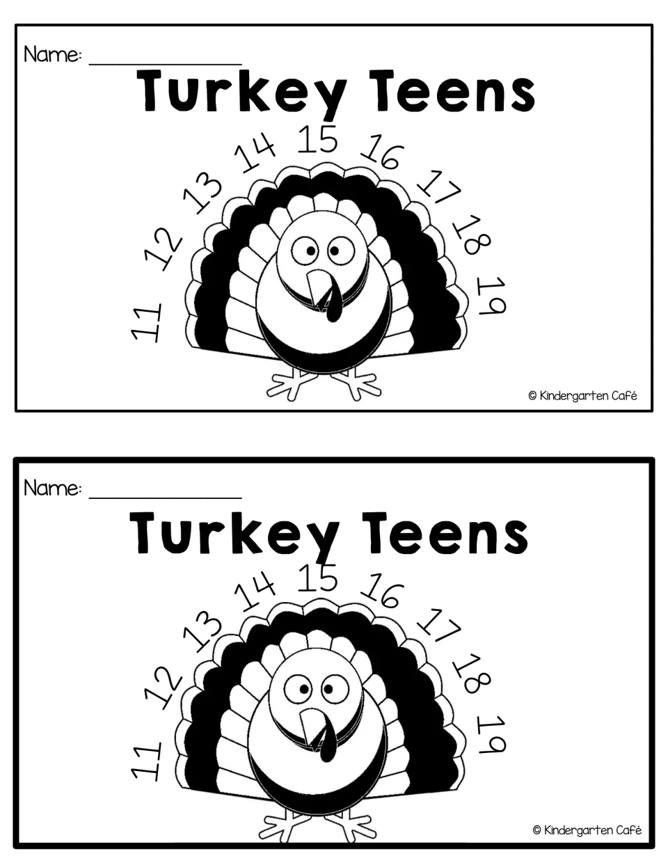 Student booklet cover: “Turkey Teens,” a name space, and numbers 11–19 around a turkey, printed twice