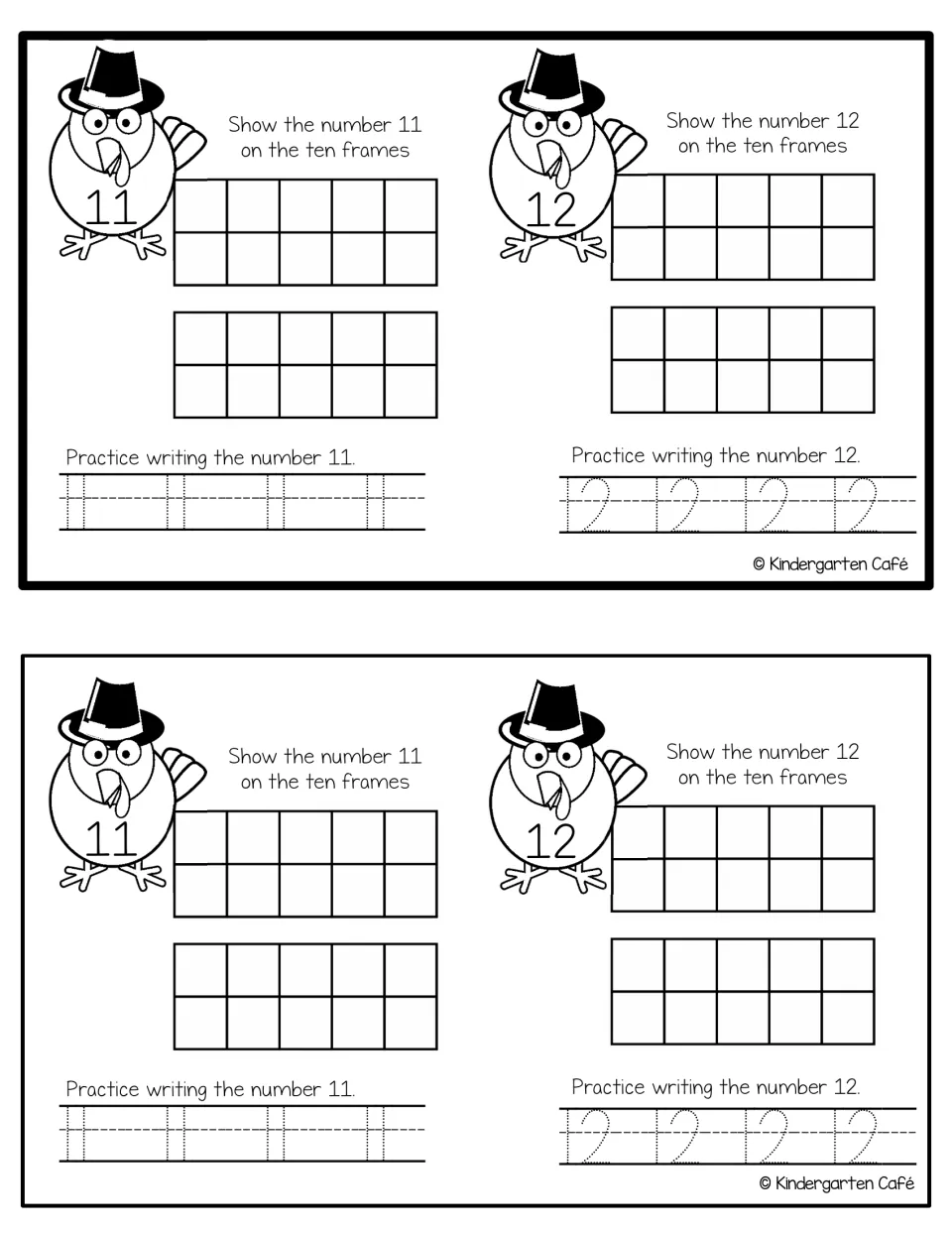 Booklet practice for numbers 11 and 12: show each number on ten frames and trace its numeral, printed twice