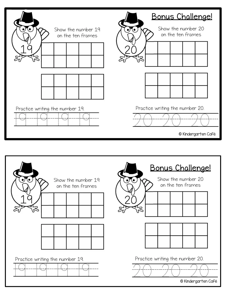 Booklet practice for 19 and bonus challenge 20: represent numbers on ten frames and trace them, printed twice