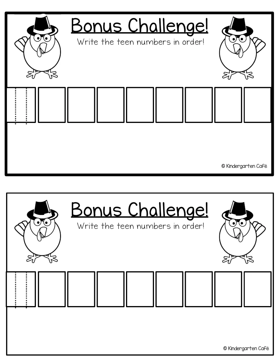 Booklet bonus challenge: “Write the teen numbers in order!” with a traceable 11 to start, printed twice