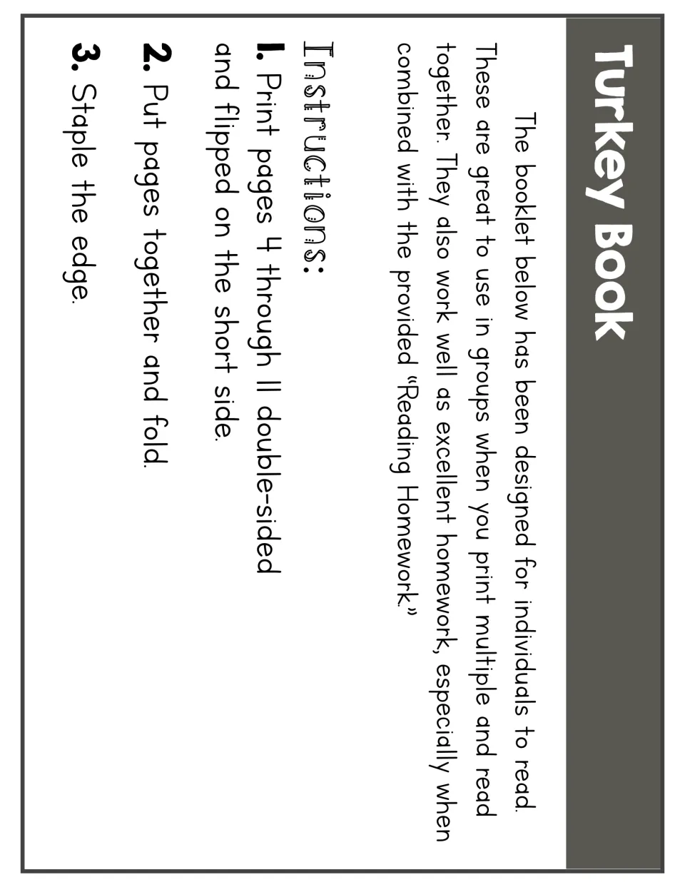Turkey booklet assembly instructions: print pages 4–11 double-sided, flip on the short side, fold, and staple