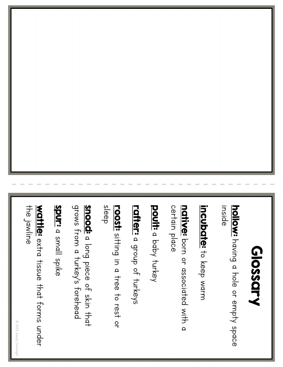 Turkey reader glossary defines hollow, incubate, native, poult, rafter, roost, snood, spur, and wattle