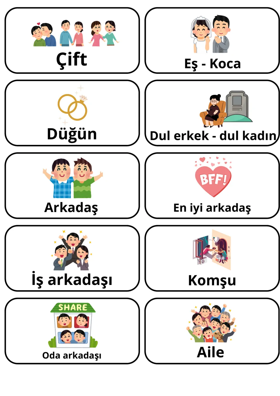 Turkish relationship words: 10 picture cards such as Çift, Düğün, En iyi arkadaş, İş arkadaşı, Komşu and Aile