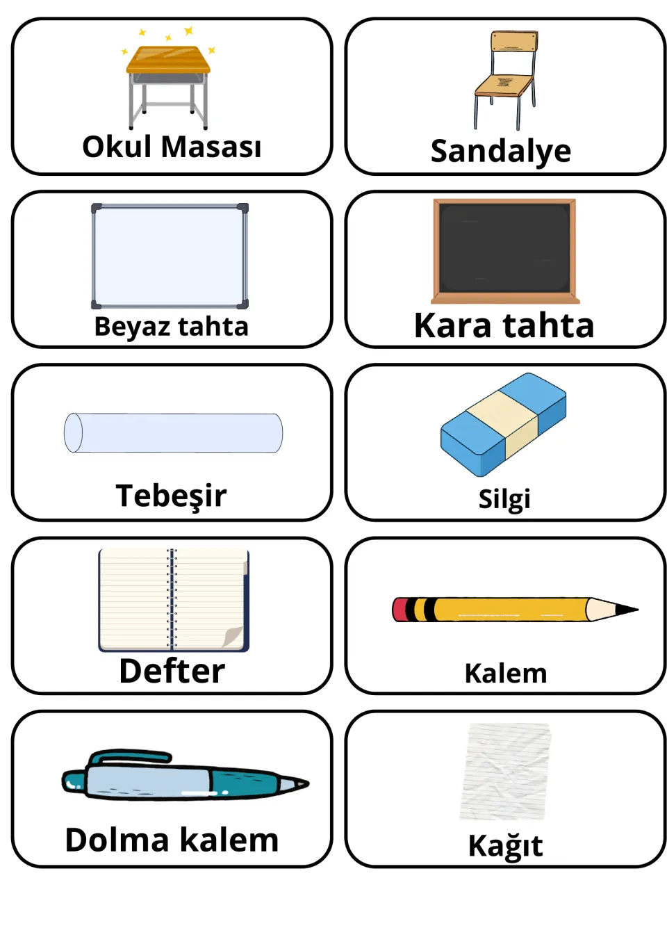Turkish classroom objects: 10 picture cards labeled Okul Masası, Sandalye, Tebeşir, Silgi, Defter, Kalem, Kağıt and more