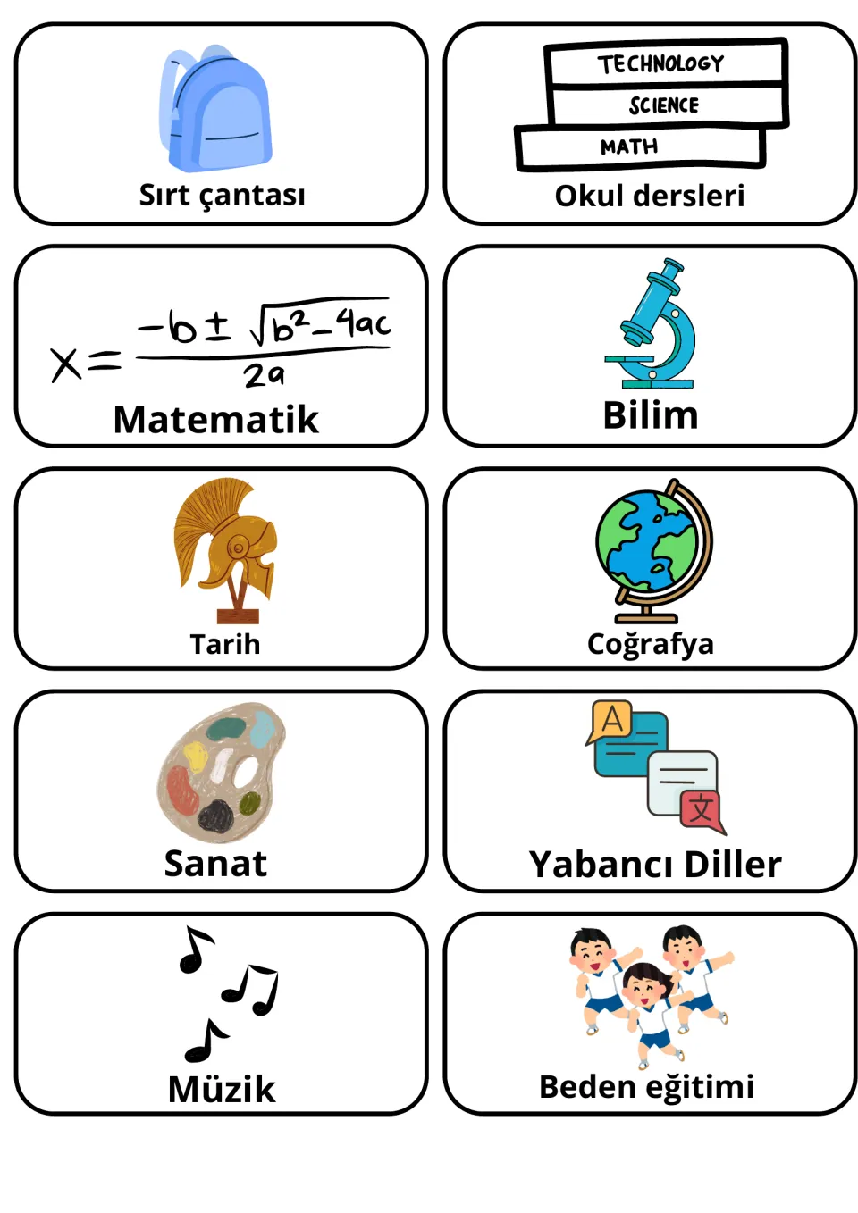 Turkish school subjects: cards for Matematik, Bilim, Tarih, Coğrafya, Sanat, Müzik, Beden eğitimi and Yabancı Diller