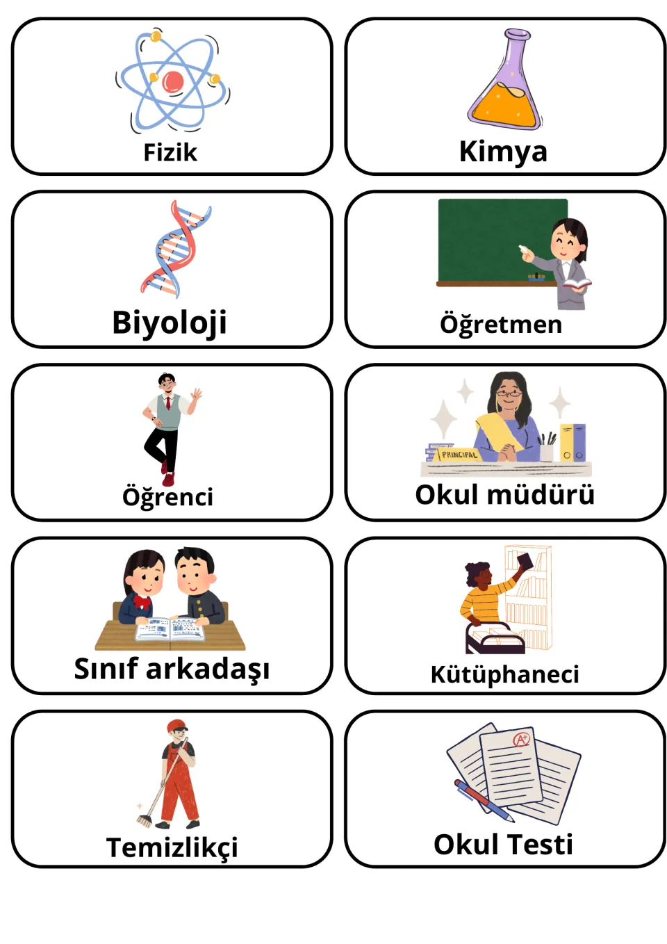 Turkish sciences and school people: cards for Fizik, Kimya, Biyoloji, Öğretmen, Okul müdürü, Kütüphaneci, Temizlikçi
