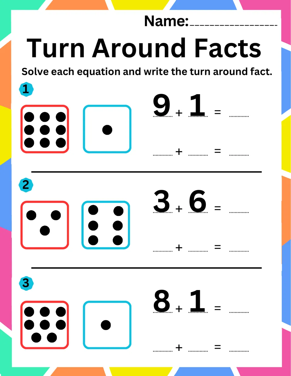 Addition practice sheet 2: use dot pictures to solve 9 + 1, 3 + 6, and 8 + 1 and write turnaround facts.