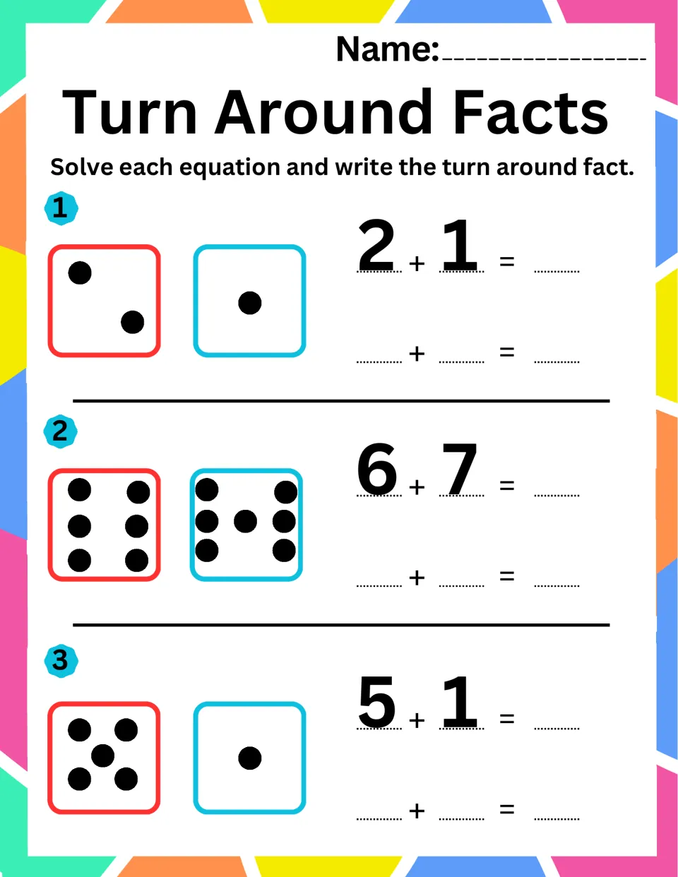 Addition practice sheet 4: use dot pictures to solve 2 + 1, 6 + 7, and 5 + 1 and write turnaround facts.