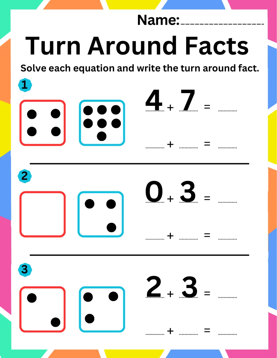 Addition practice sheet 7: use dot pictures to solve 4 + 7, 0 + 3, and 2 + 3 and write turnaround facts.