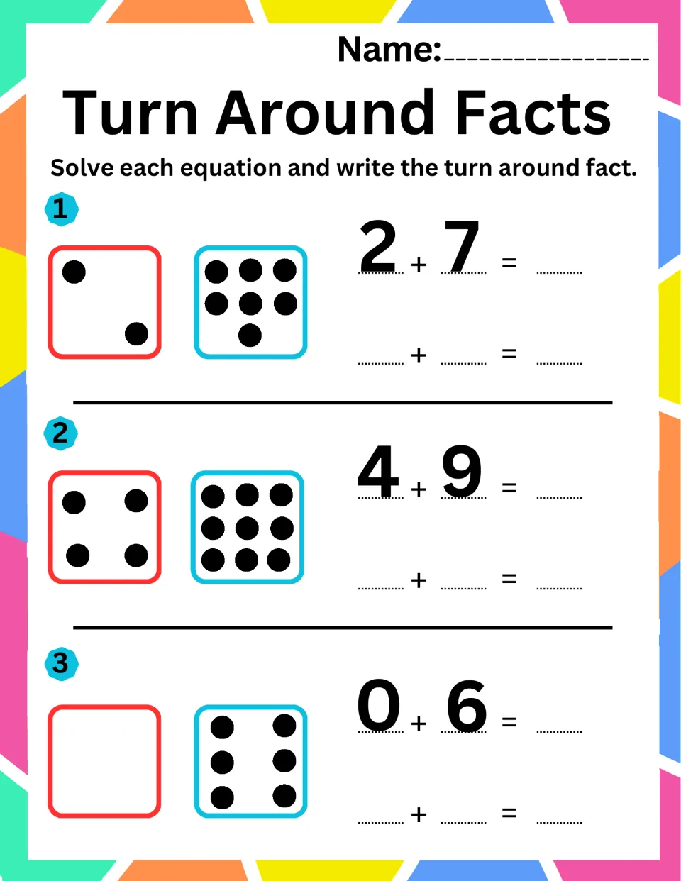 Addition practice sheet 8: use dot pictures to solve 2 + 7, 4 + 9, and 0 + 6 and write turnaround facts.