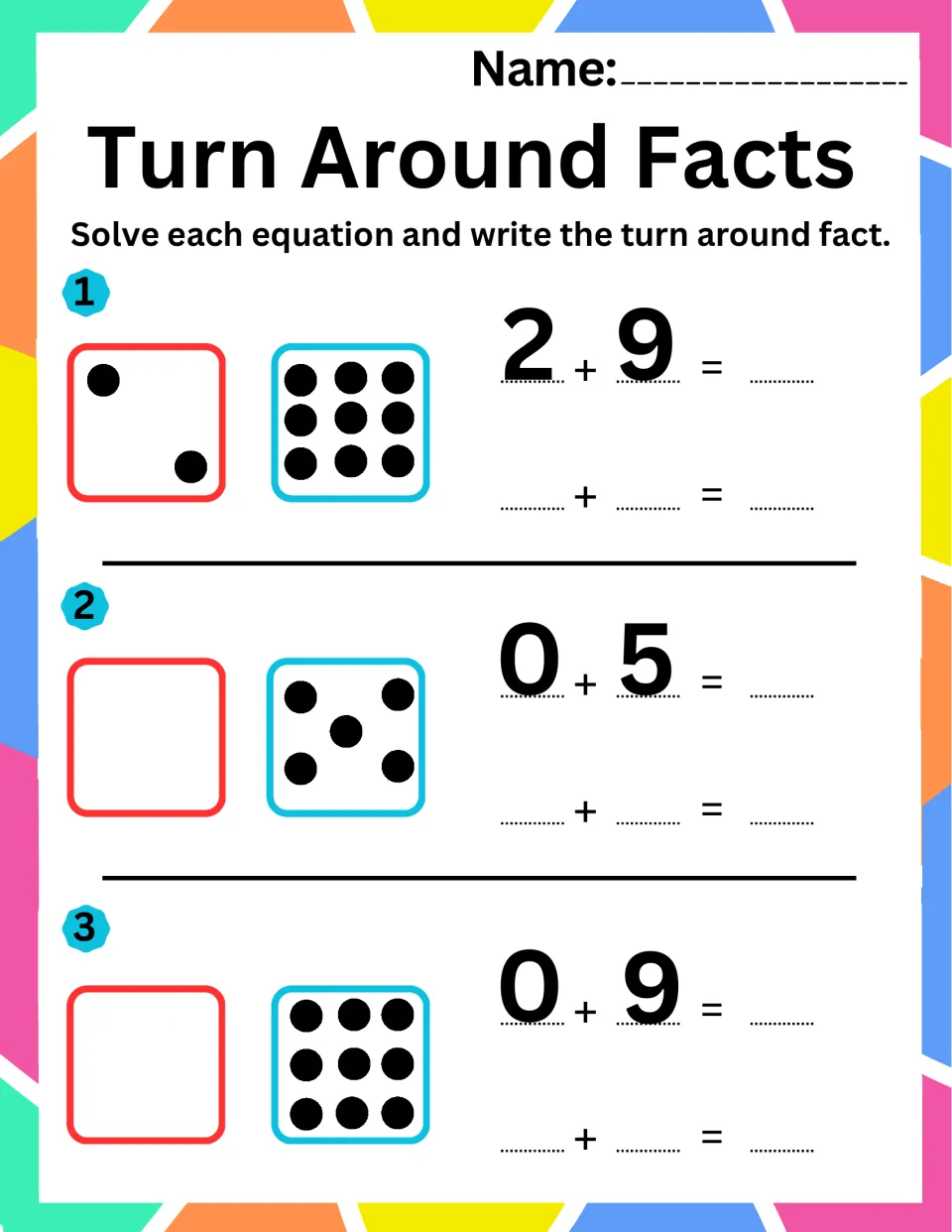 Addition practice sheet 10: use dot pictures to solve 2 + 9, 0 + 5, and 0 + 9 and write turnaround facts.
