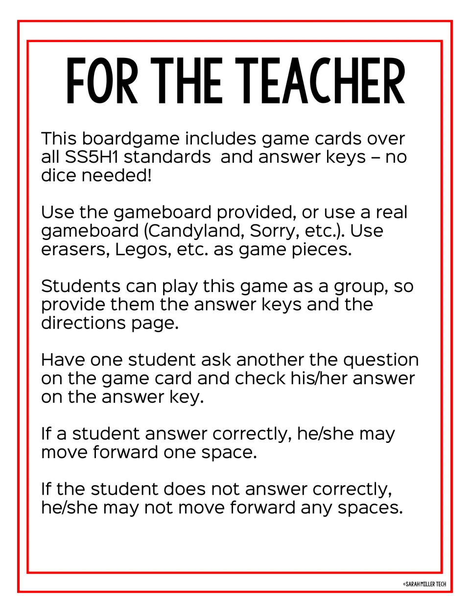 Teacher instructions for the review board game: use answer keys, take turns, and advance for correct answers