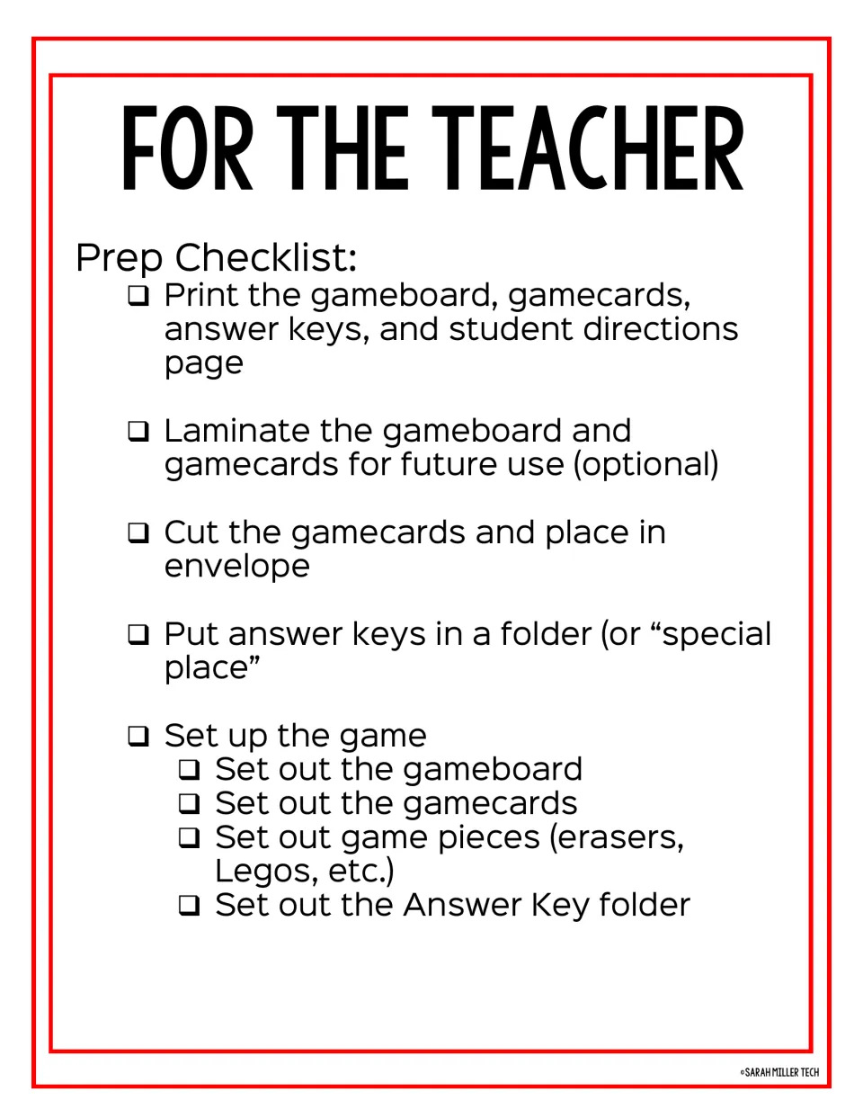 Teacher prep checklist for the board game: print materials, cut cards, organize answer keys, and set up