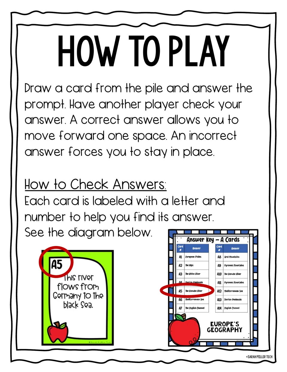 Student game directions: draw a card, answer, and check the key using its letter and number before moving