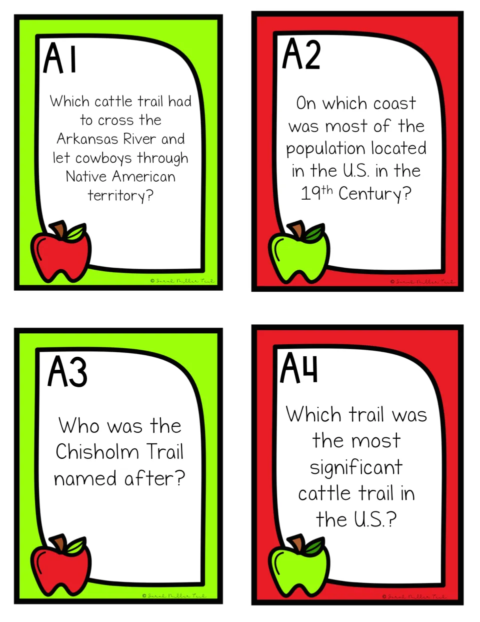 Review game cards A1–A4 ask about cattle trails, Jesse Chisholm, and where most Americans lived in the 1800s