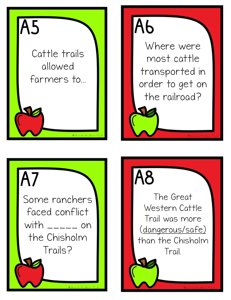 Review game cards A5–A8 cover cattle trade, railroad transport, trail conflicts, and cattle trail safety