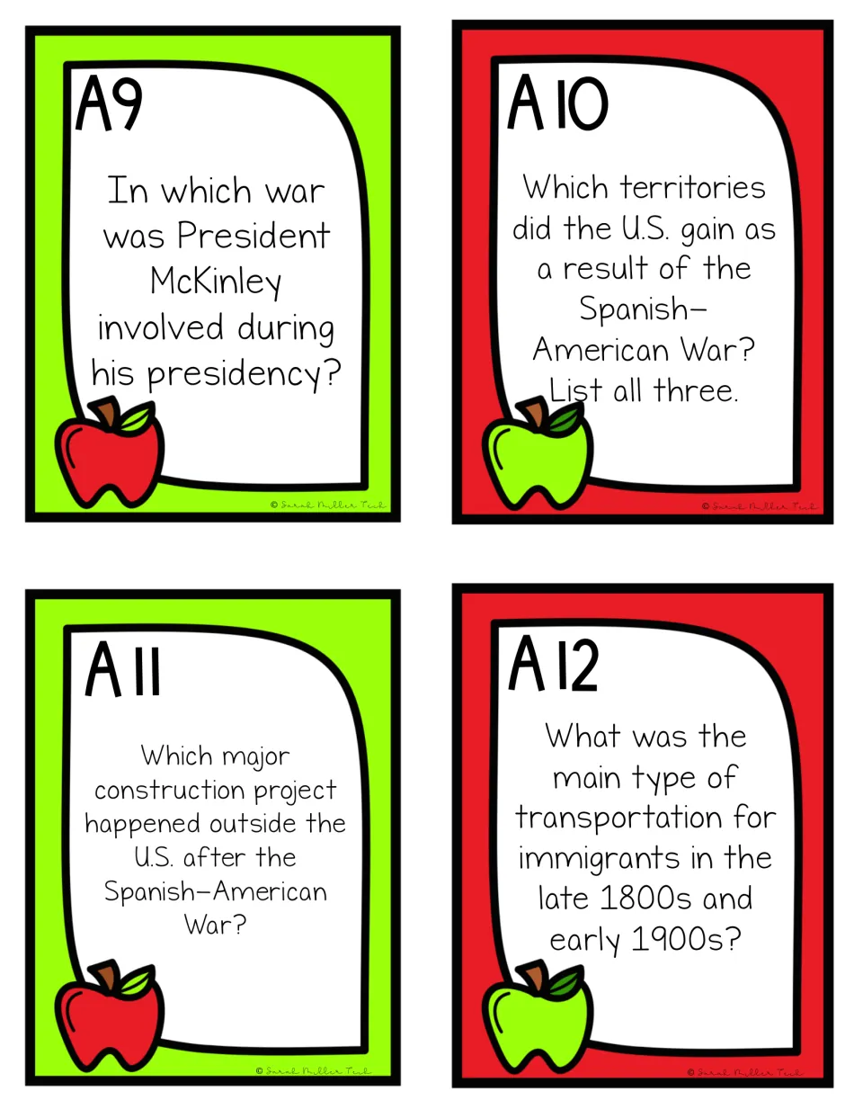 Review game cards A9–A12 ask about McKinley, Spanish-American War gains, canal construction, and immigration