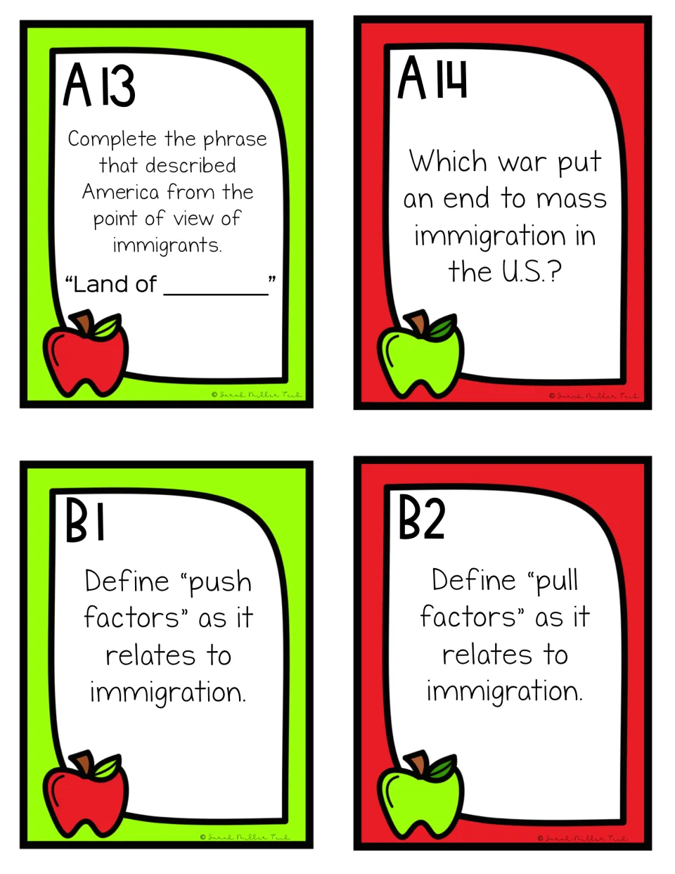 Review game cards A13–A14 and B1–B2 cover the land of opportunity, immigration, and push and pull factors