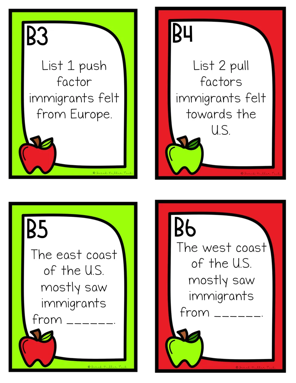 Review game cards B3–B6 ask for immigration push and pull factors and origins of arrivals on each U.S. coast