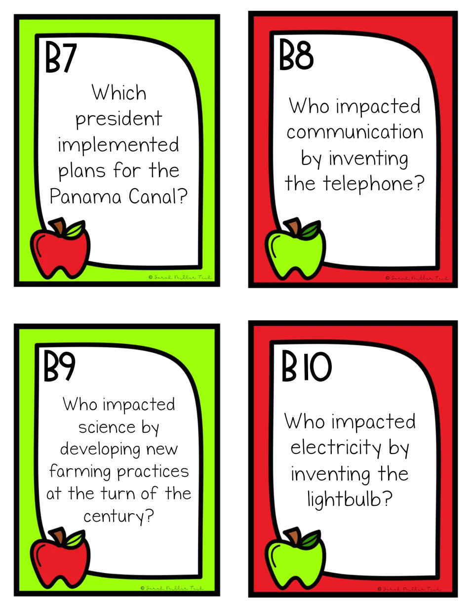 Review game cards B7–B10 ask who shaped the Panama Canal, telephone, farming practices, and lightbulb