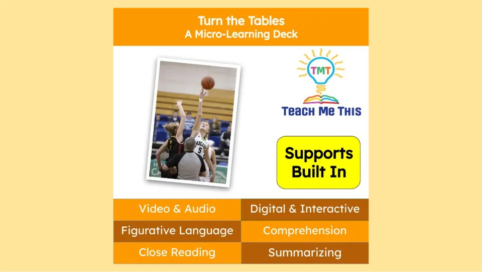 Turn the Tables deck cover lists video, audio, figurative language, comprehension, and summarizing.