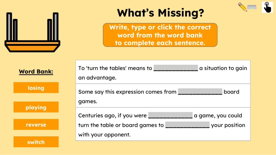 Fill-in-the-blank practice reviews the idiom using four word-bank choices: losing, playing, reverse, and switch.