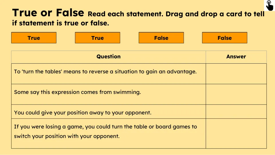 True-or-false activity checks four statements about reversing a situation, swimming, and switching positions.