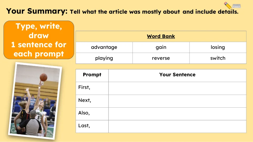 Summary activity asks for one sentence each using First, Next, Also, and Last, supported by a six-word bank.