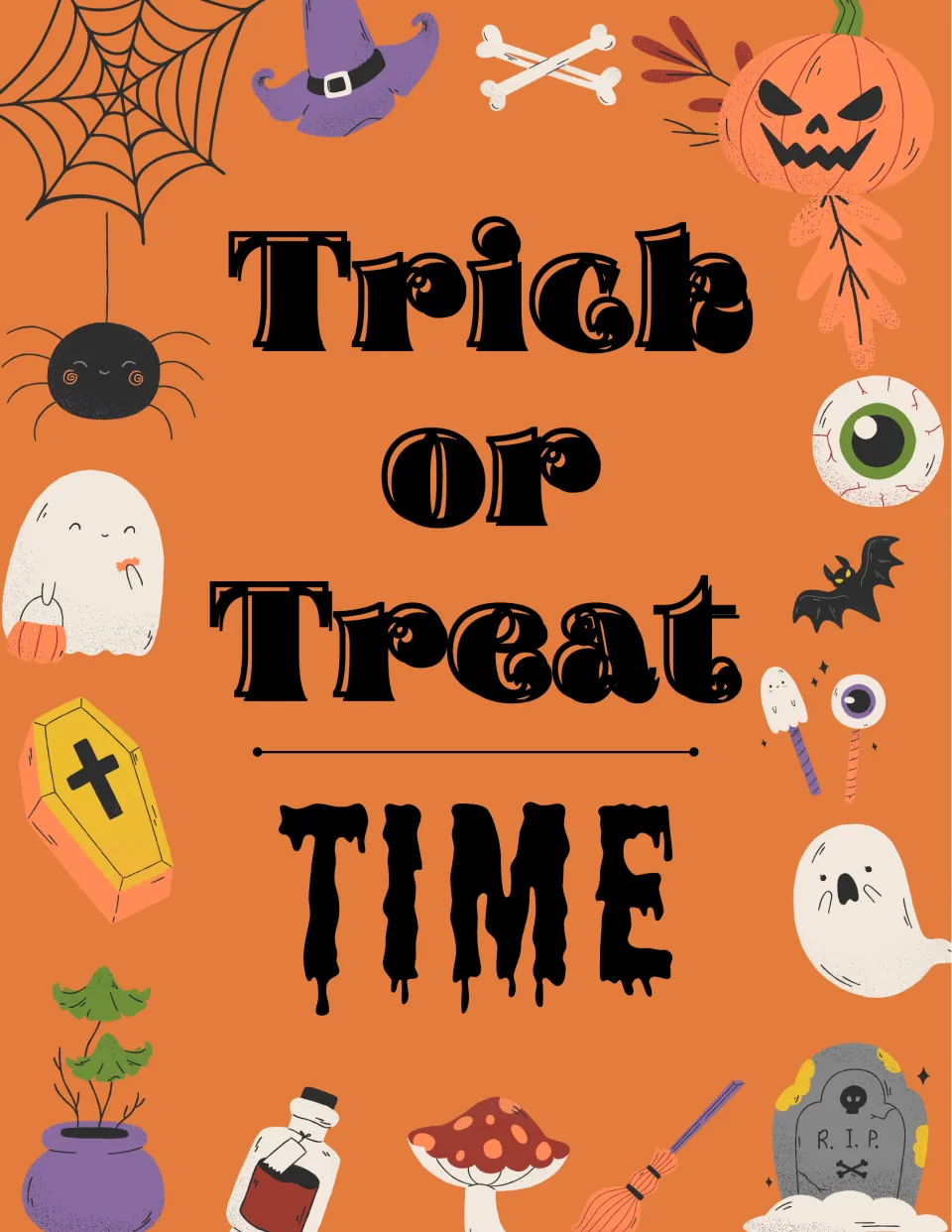 Halloween classroom poster 3 of 10 reads 'Trick or Treat Time' for seasonal wall or bulletin board display.