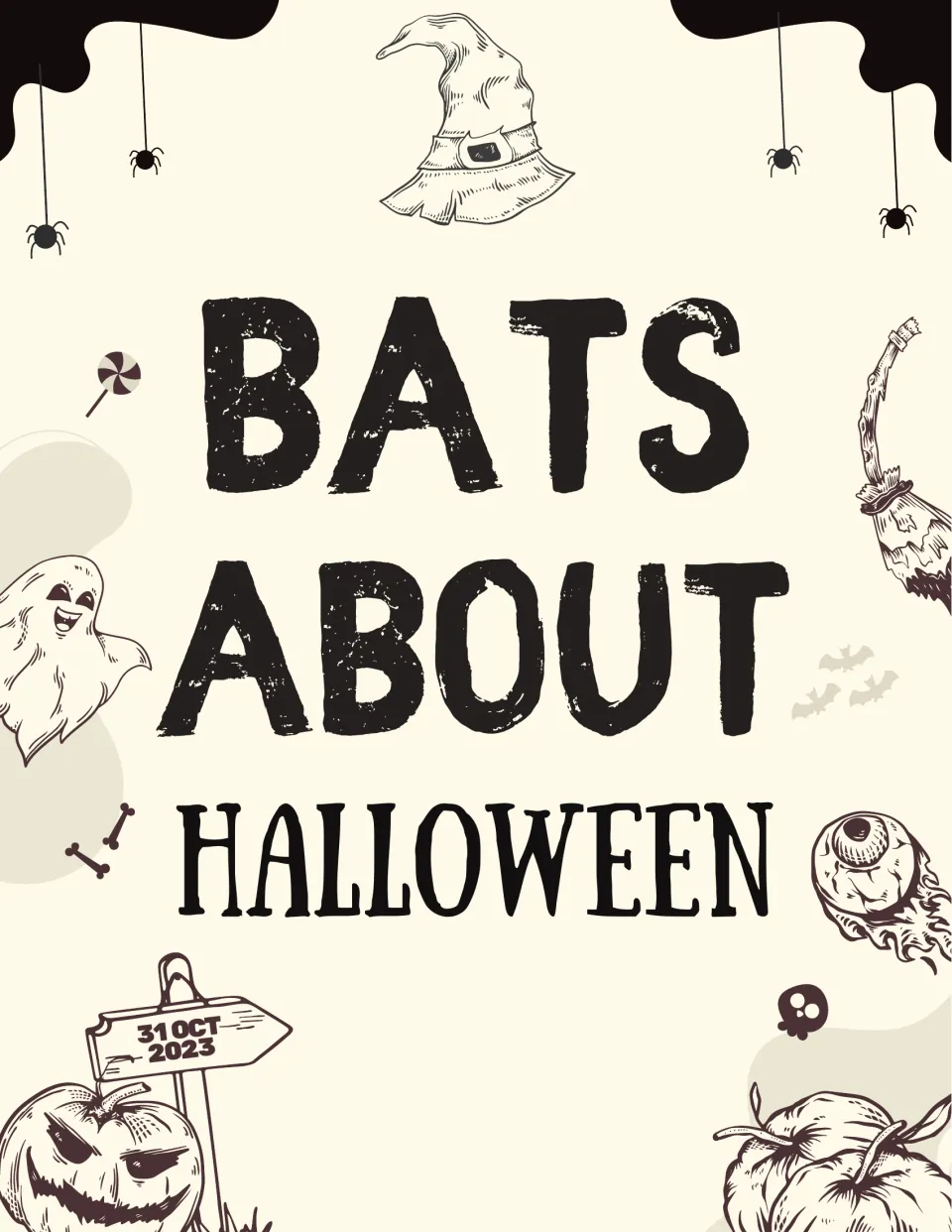 Halloween classroom poster 5 of 10 reads 'Bats About Halloween' and includes a sign dated '31 OCT 2023'.