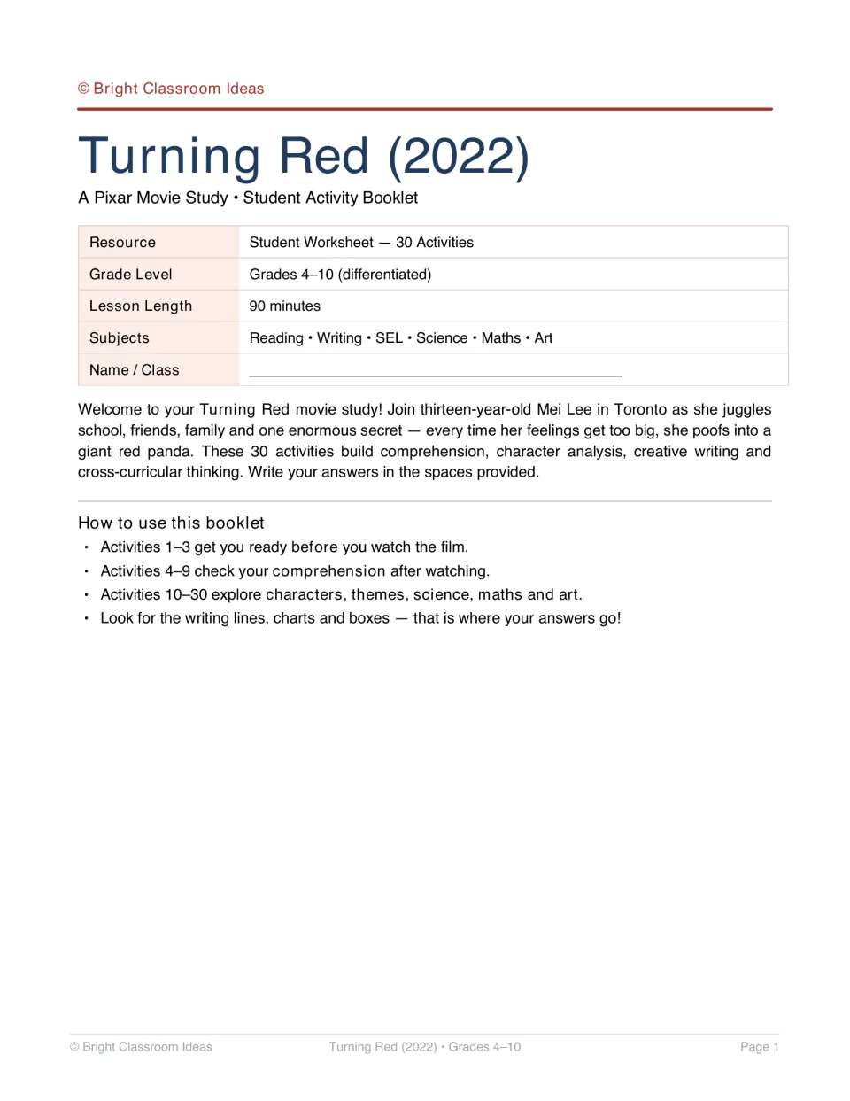 Movie study booklet cover identifying 30 activities for grades 4–10, with an introduction and directions