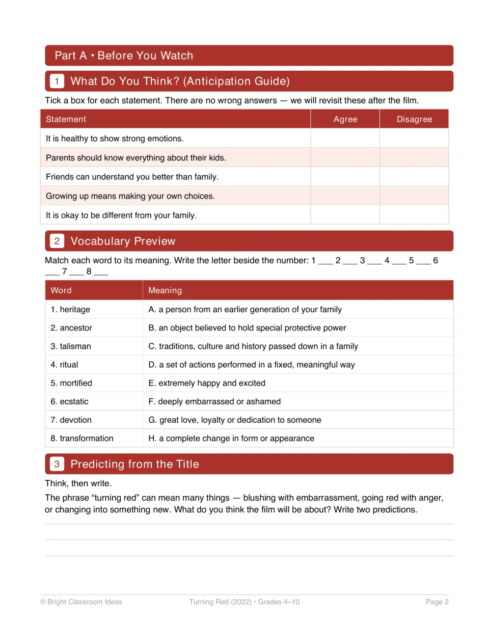 Before-viewing activities 1–3: agree or disagree statements, eight vocabulary matches, and title predictions