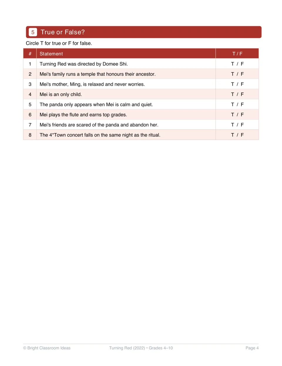 Comprehension activity 5: eight true-or-false statements about the director, Mei's family, panda, and friends