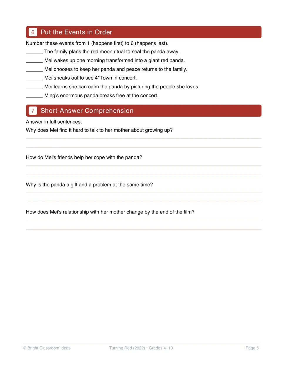 Comprehension activities 6–7: sequence six events and answer four questions about Mei's panda and relationships