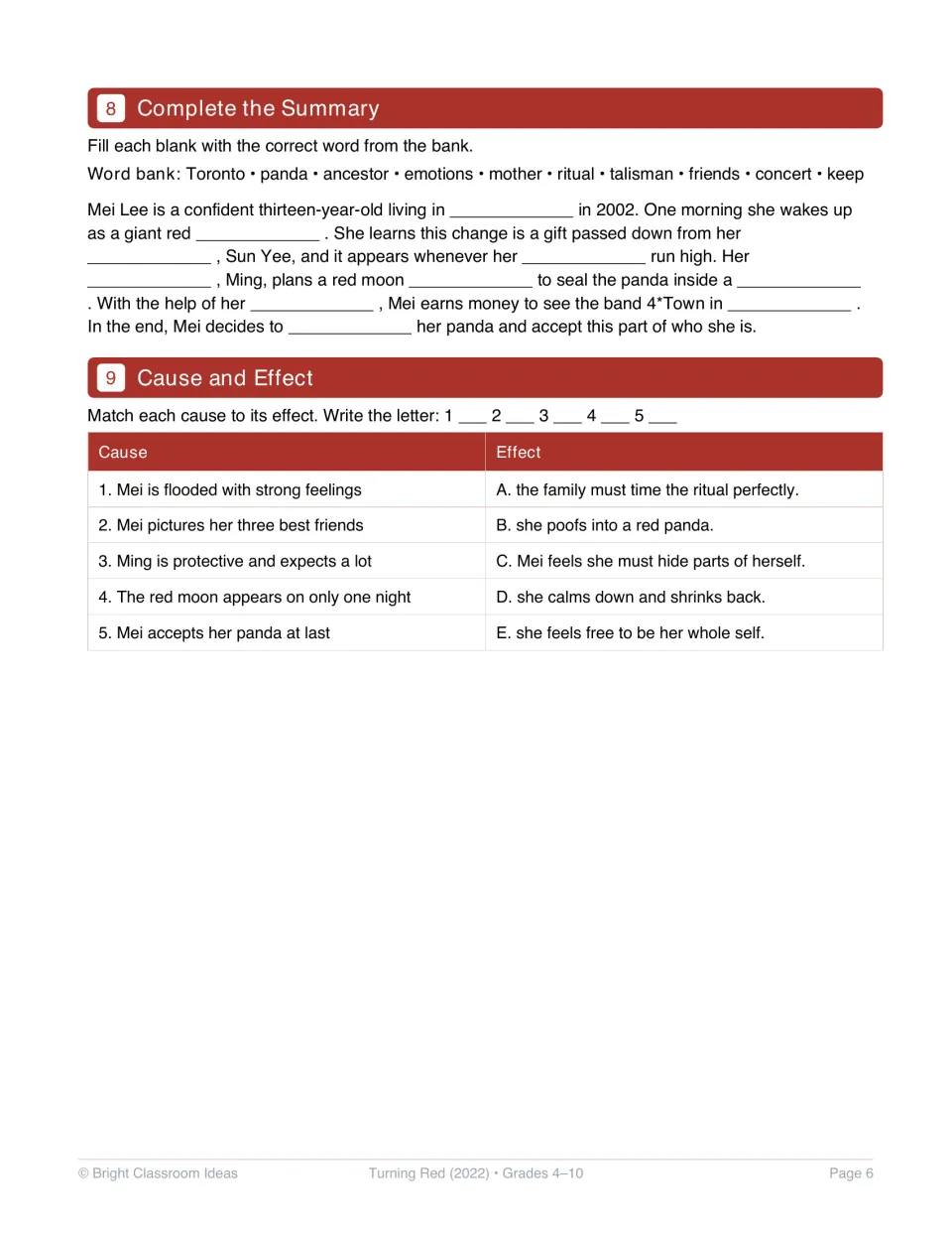 Comprehension activities 8–9: complete Mei's story summary using ten words and match five causes to effects
