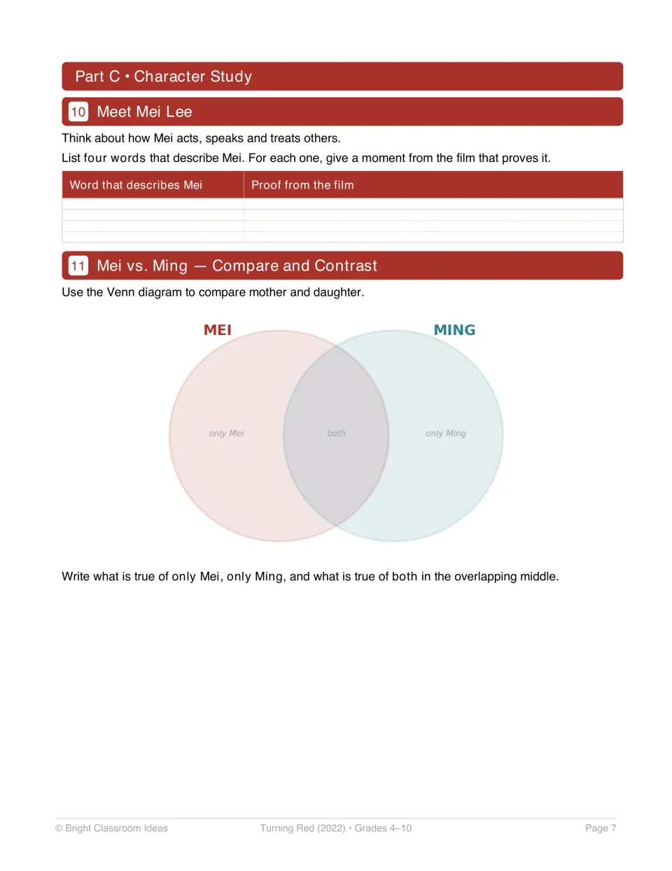 Character study activities 10–11: support four traits of Mei with film evidence and compare Mei with Ming