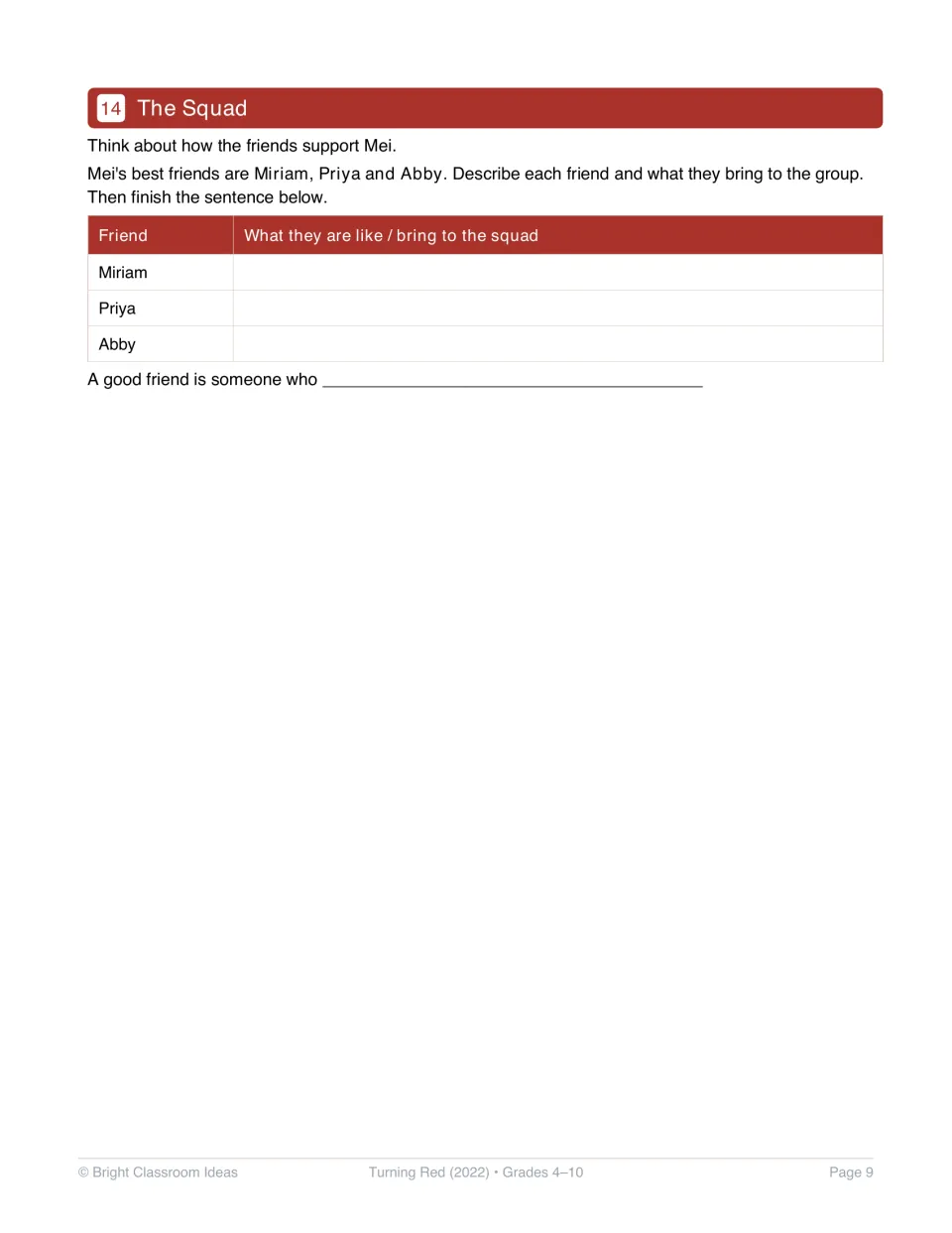 Character study activity 14: describe Miriam, Priya, and Abby's contributions and complete a friendship statement