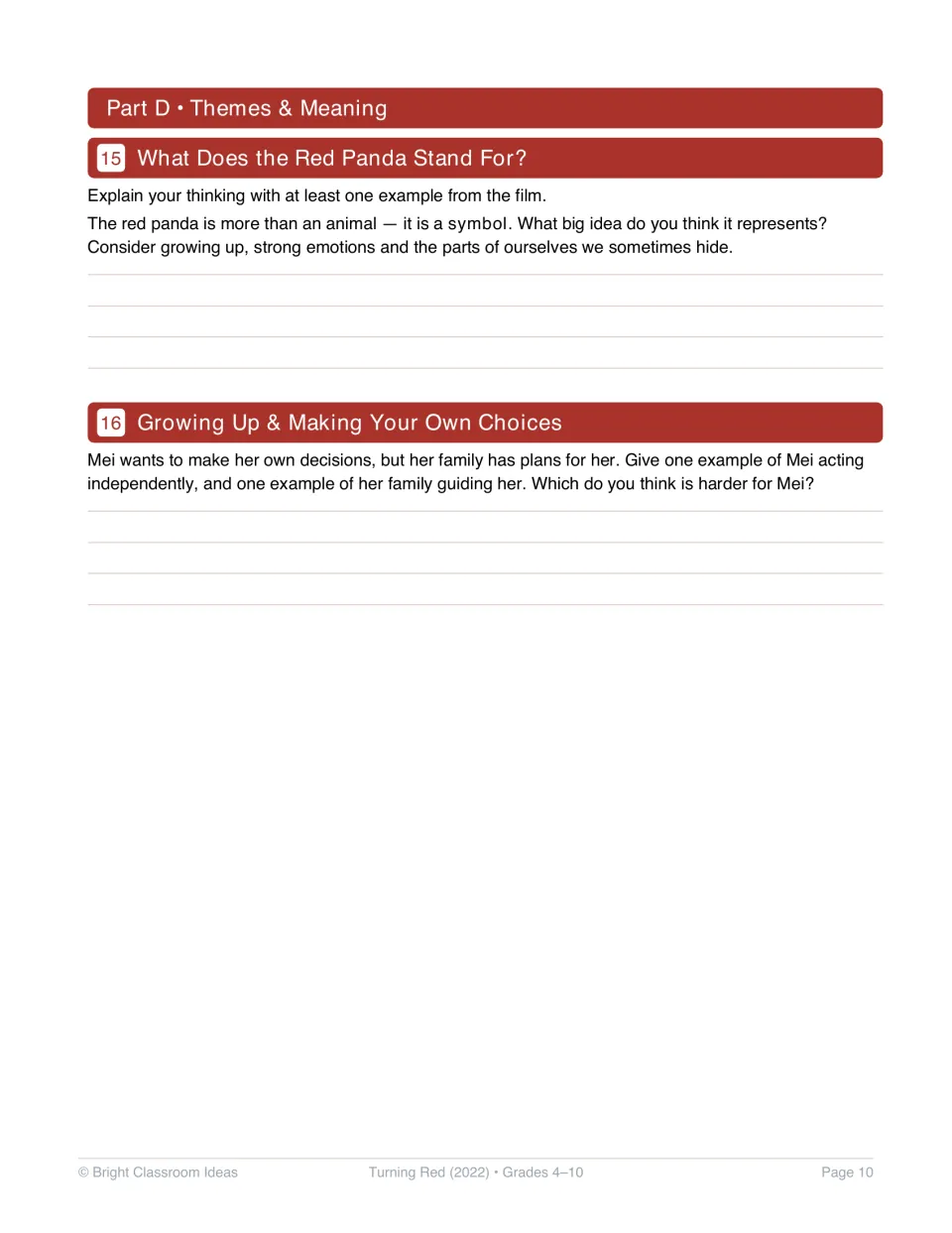 Theme activities 15–16: explain red panda symbolism and examine Mei's independence alongside family guidance