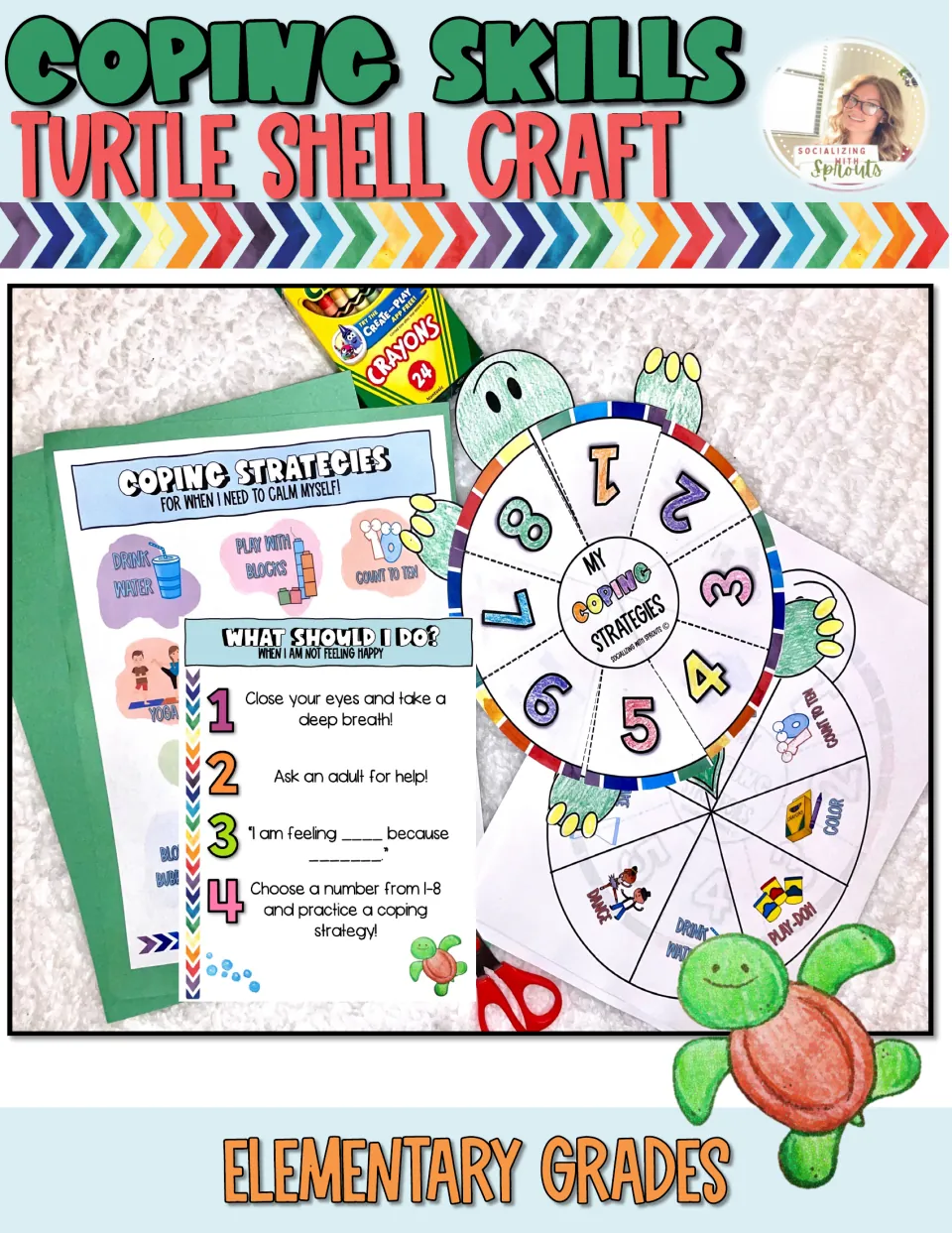 Coping Skills Turtle Shell Craft cover: photo of a colored turtle with a numbered wheel shell plus two strategy posters