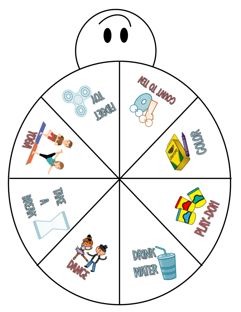 Turtle body cut-out piece: head above a shell split into 8 coping choices such as yoga, fidget toy, dance and drink water