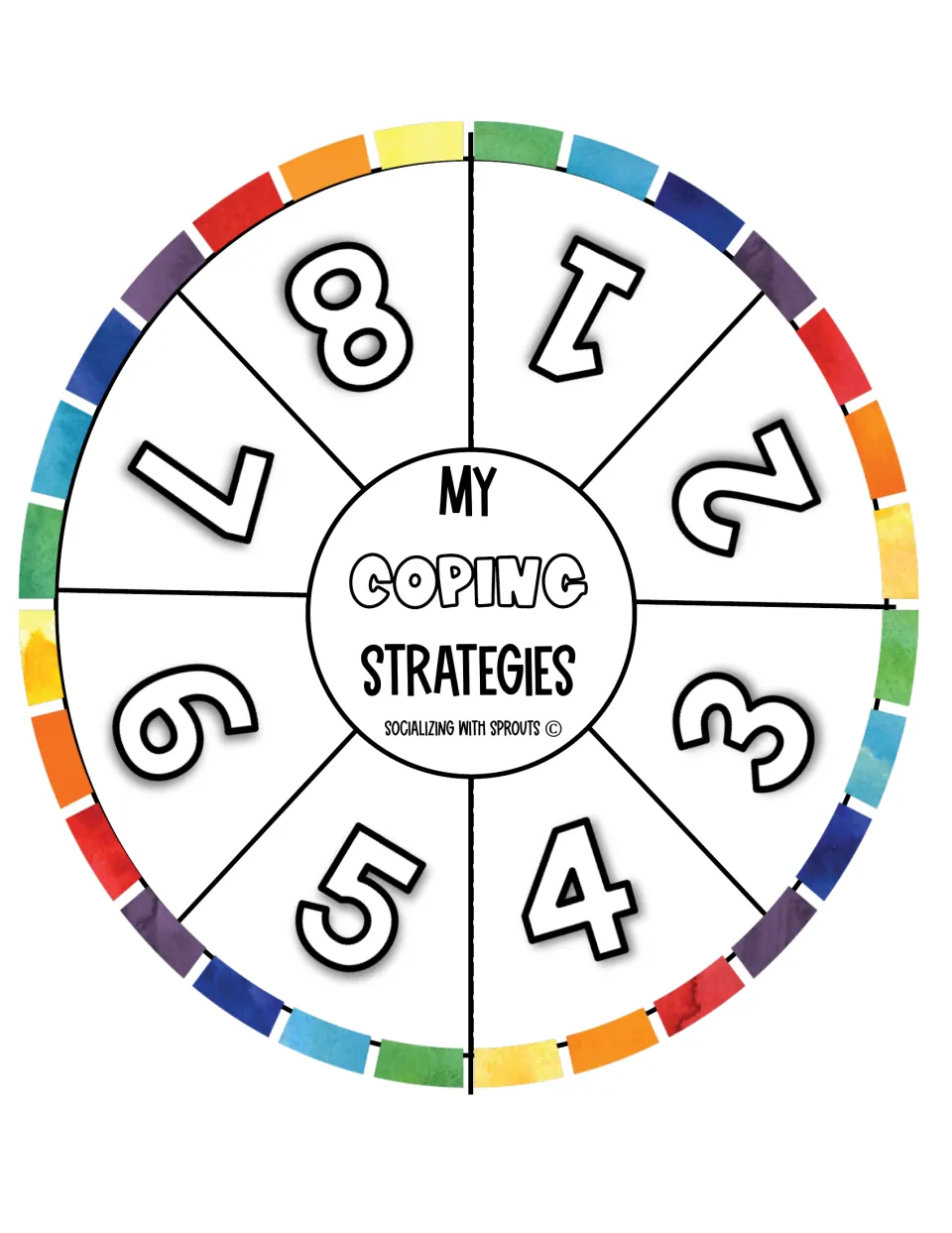My Coping Strategies wheel cut-out piece: numbers 1 to 8 around the center title, laid over the turtle body as the shell