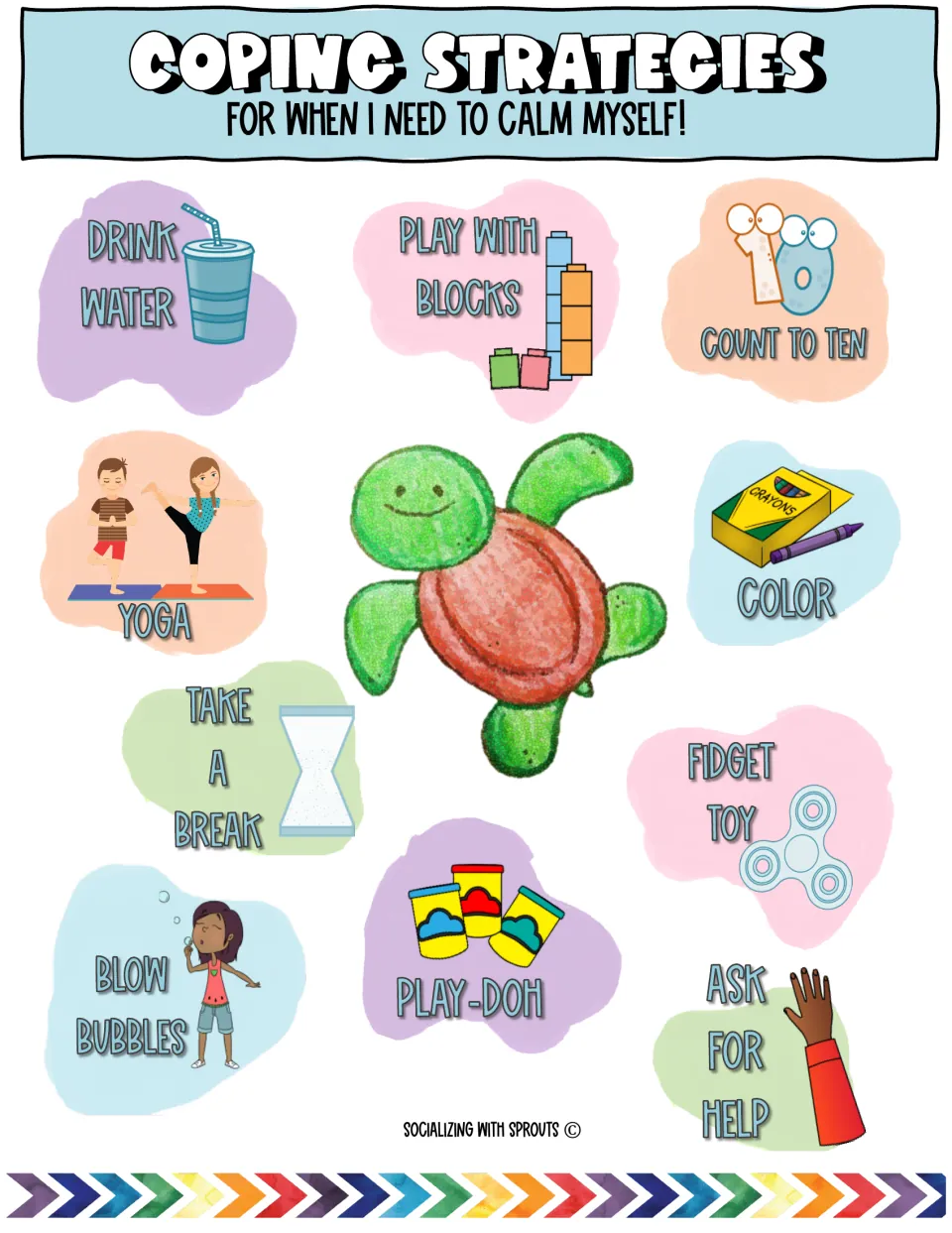 Coping Strategies for when I need to calm myself: 10 illustrated calming ideas like blow bubbles, yoga and ask for help
