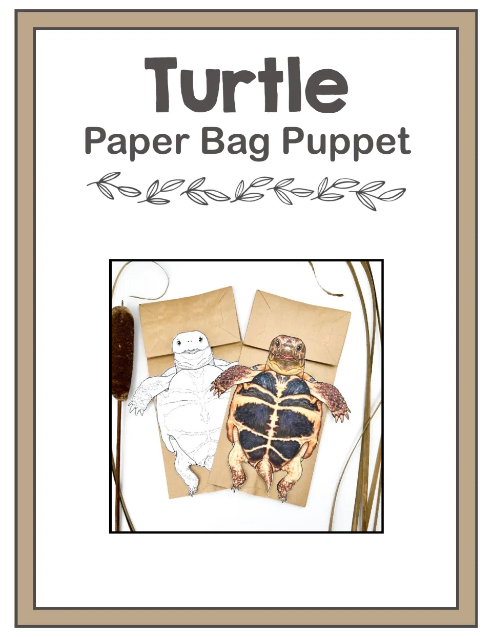 Turtle paper bag puppet cover showing a colored turtle puppet and a black-and-white version glued on brown paper bags