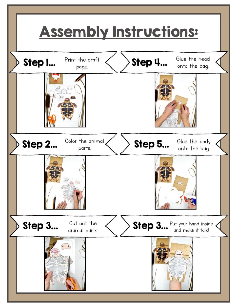 Turtle puppet assembly steps: print, color, cut out parts, glue head and body onto the bag, then put a hand inside