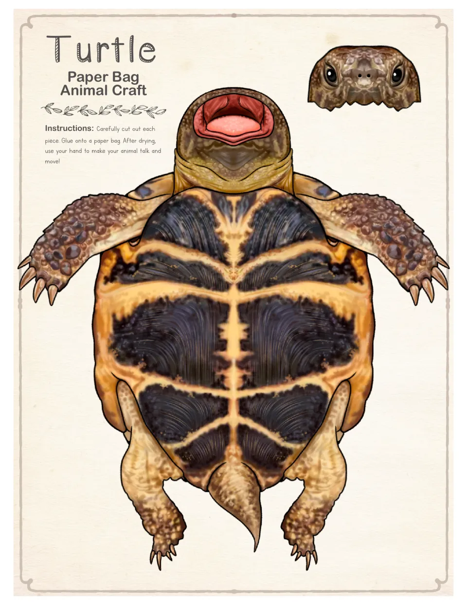 Full-color turtle cut-out: students cut out the realistic body with open mouth and separate head, then glue onto a bag