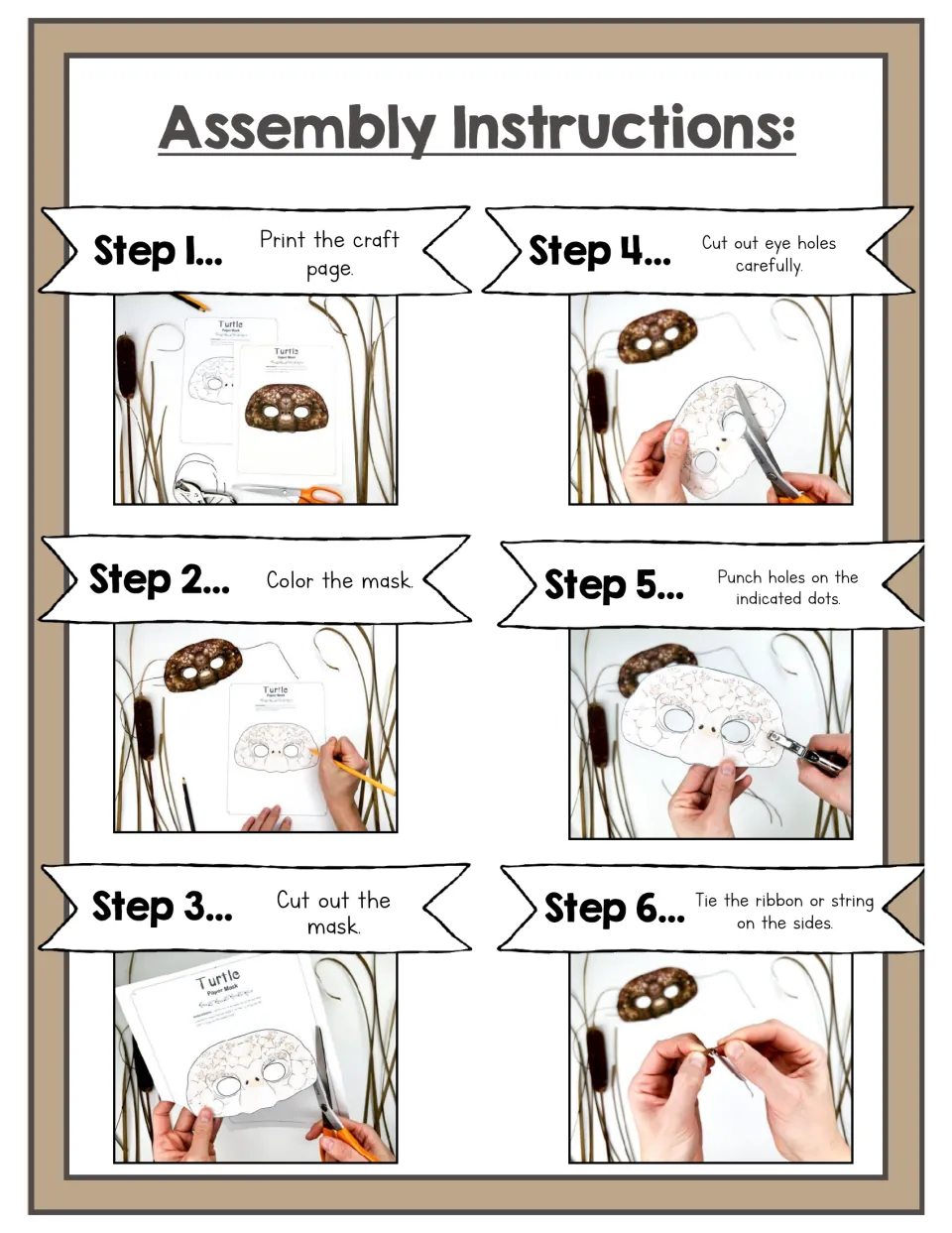 Assembly instructions in six photo steps: print, color, cut out mask, cut eye holes, punch holes and tie on string