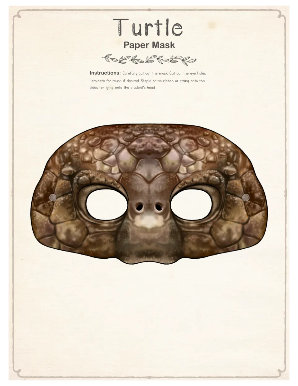 Full-color turtle mask template with scaly skin, eye holes and punch dots; students cut it out and tie on string