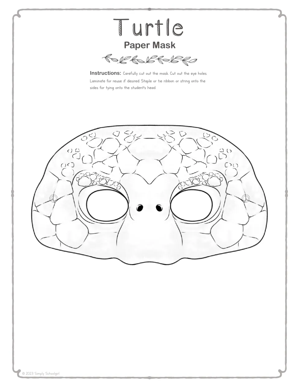 Black-and-white turtle mask outline for students to color, cut out, open the eye holes and punch side holes for string